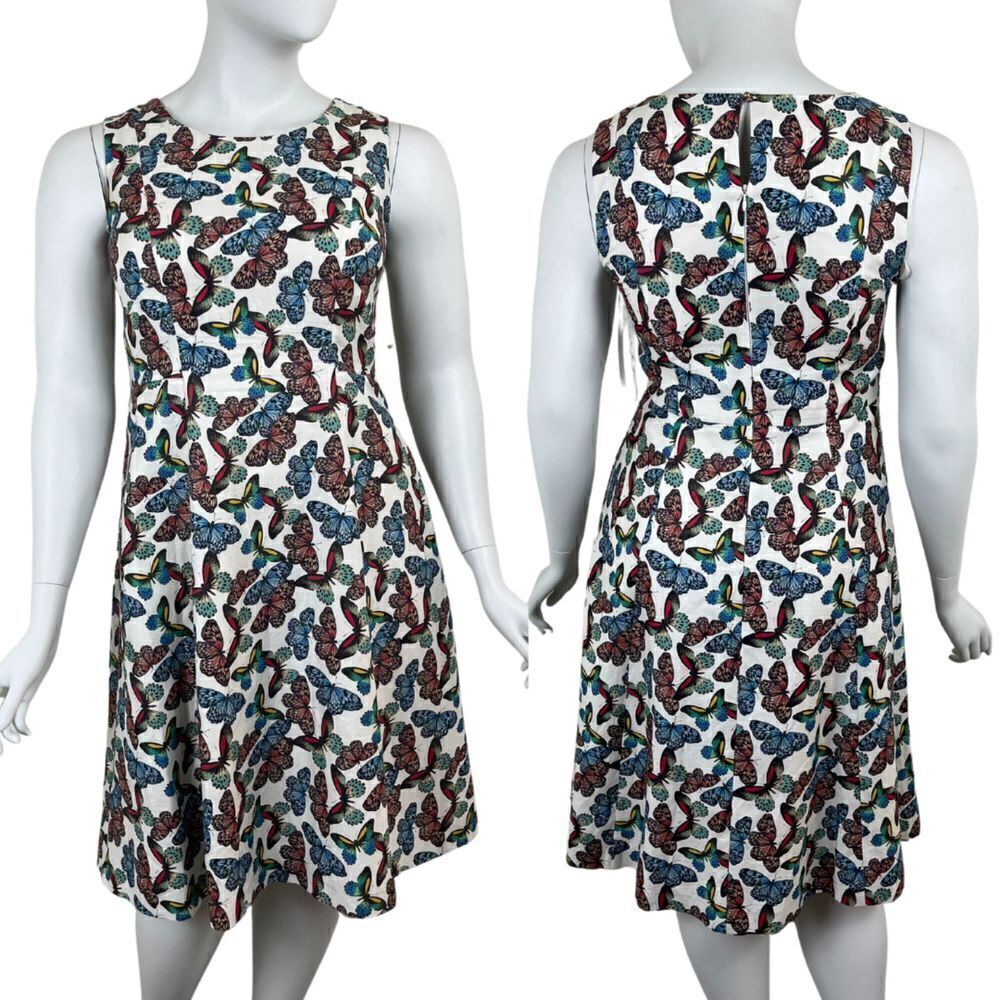 Talbots Womens Size 12 Animal Butterfly Print Linen Fit & Flare Midi Dress Party